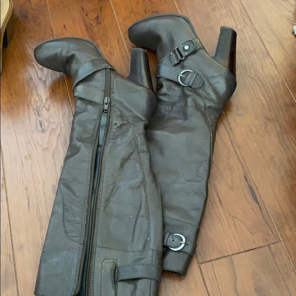 Dark brown, faux leather, knee high heeled boots